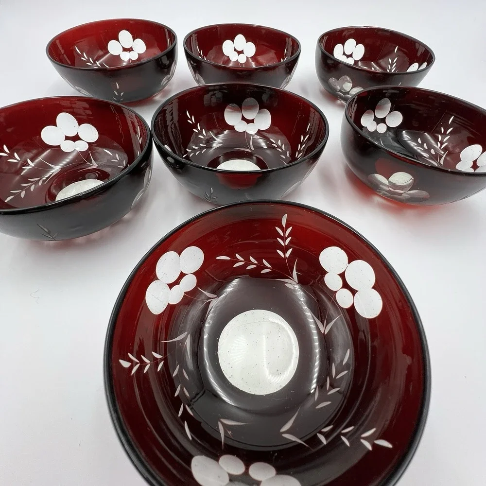 Set of‎ 7 Hand Blown Bohemian Ruby Cut to Clear Glass Bowls Floral Wheat Bubbles